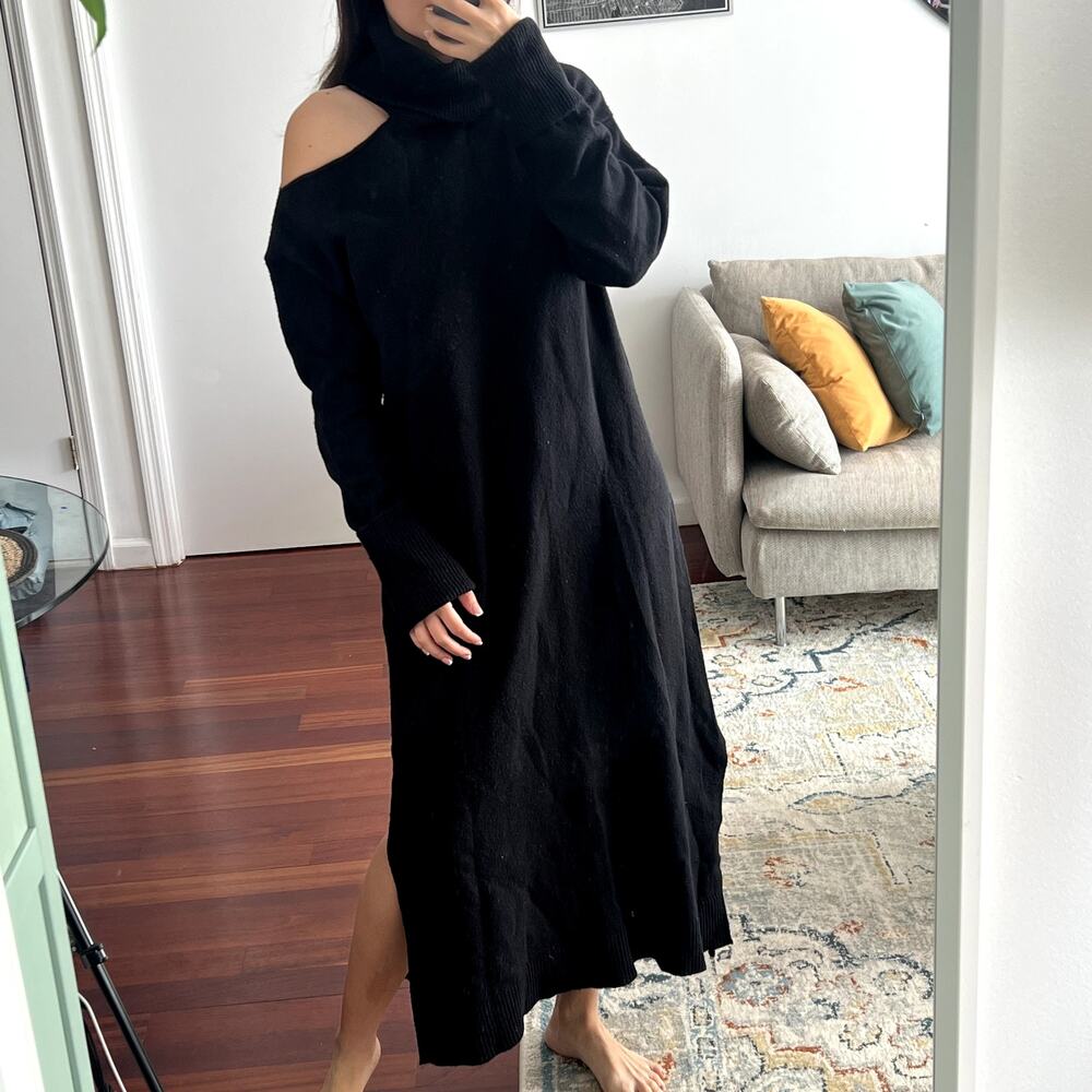 Paige Raundi Sweater Dress Black Wool Midi Turtleneck Cold Shoulder size L - Picture 2 of 8